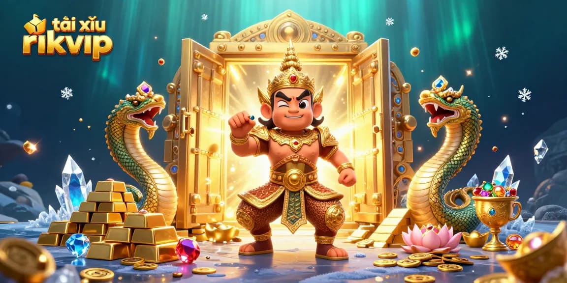 Engage with tài xỉu rikvip strategy depicted in a vibrant 3D casino scene featuring guardian and treasures.