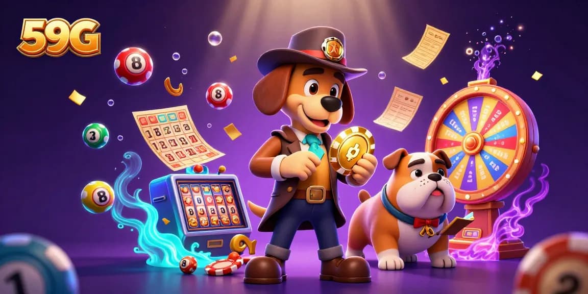 Detective dog duo examines a golden poker chip clue amidst vibrant casino elements in 59G.