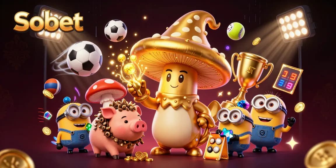 Sbobet sports betting illustration featuring a whimsical golden mushroom wizard and dynamic sports elements.