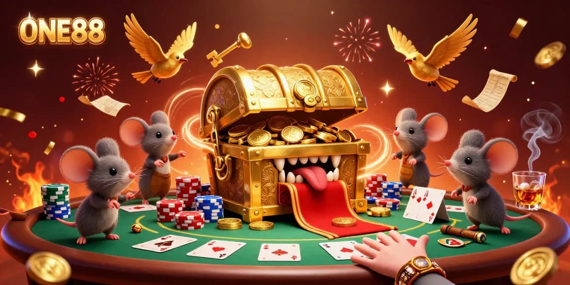 Experience the thrill of ONE88 with golden treasures and colorful poker chips in action.