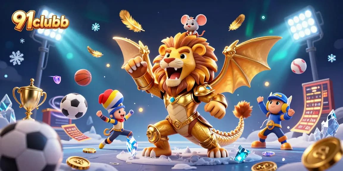 Engaging 3D casino illustration showcasing 91clubb with sports elements and a triumphant chimera.