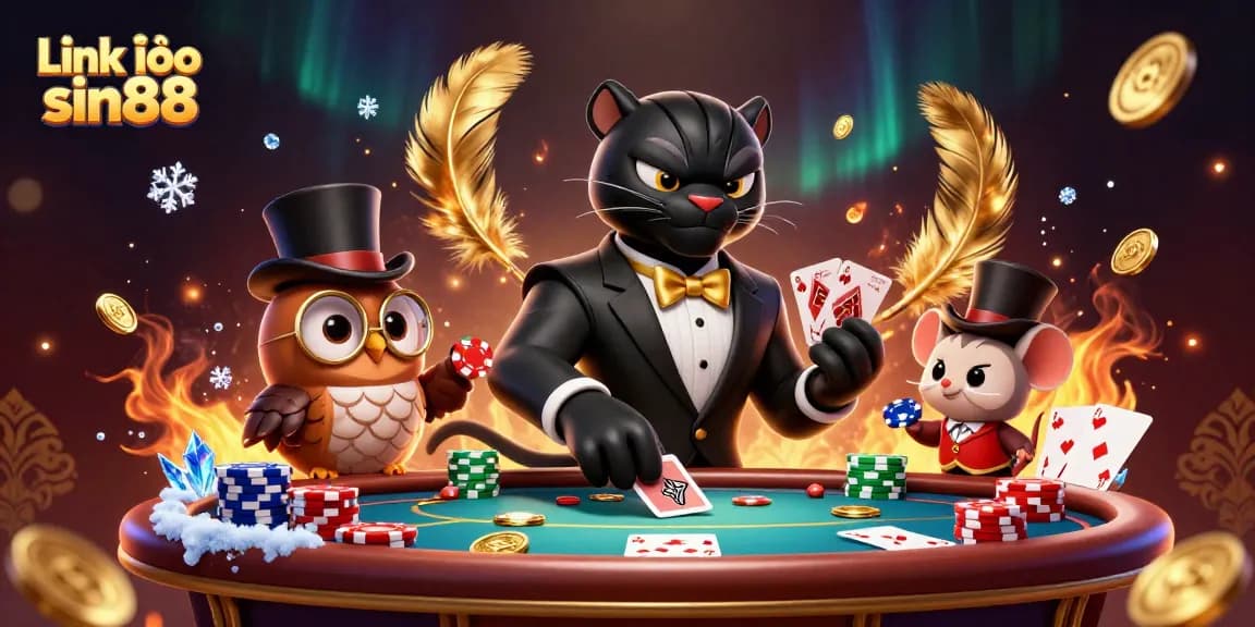 Link vào sin88 showcases a stylish black panther, an owl, and a mouse in a vibrant casino scene.