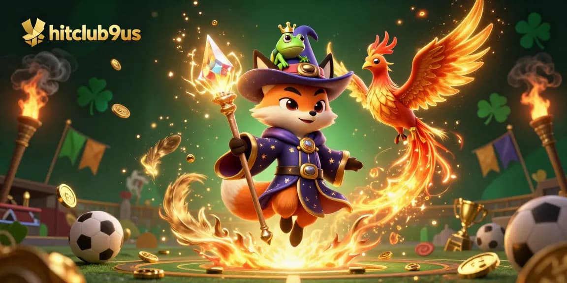 Bet on hitclub9us with a magical scene featuring a wizard, phoenix, and casino elements.