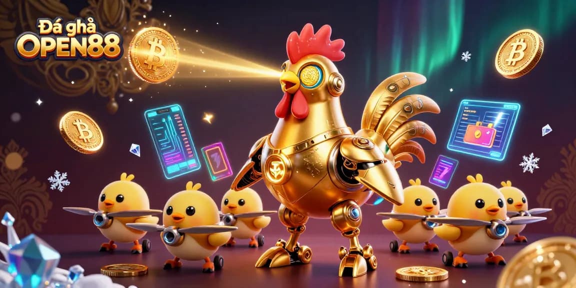 Experience Đá gà OPEN88 with golden rooster robots for thrilling betting action.