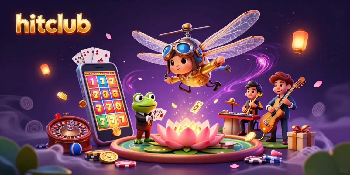 Hitclub offers vibrant gaming experiences as a dragonfly pilot and frog croupier thrive in a lively casino.