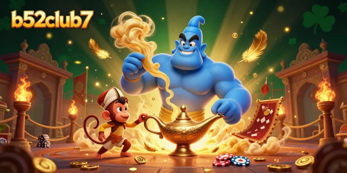 Engage in thrilling action at b52club7 with a magical casino scene featuring a genie, monkey, and poker chips.