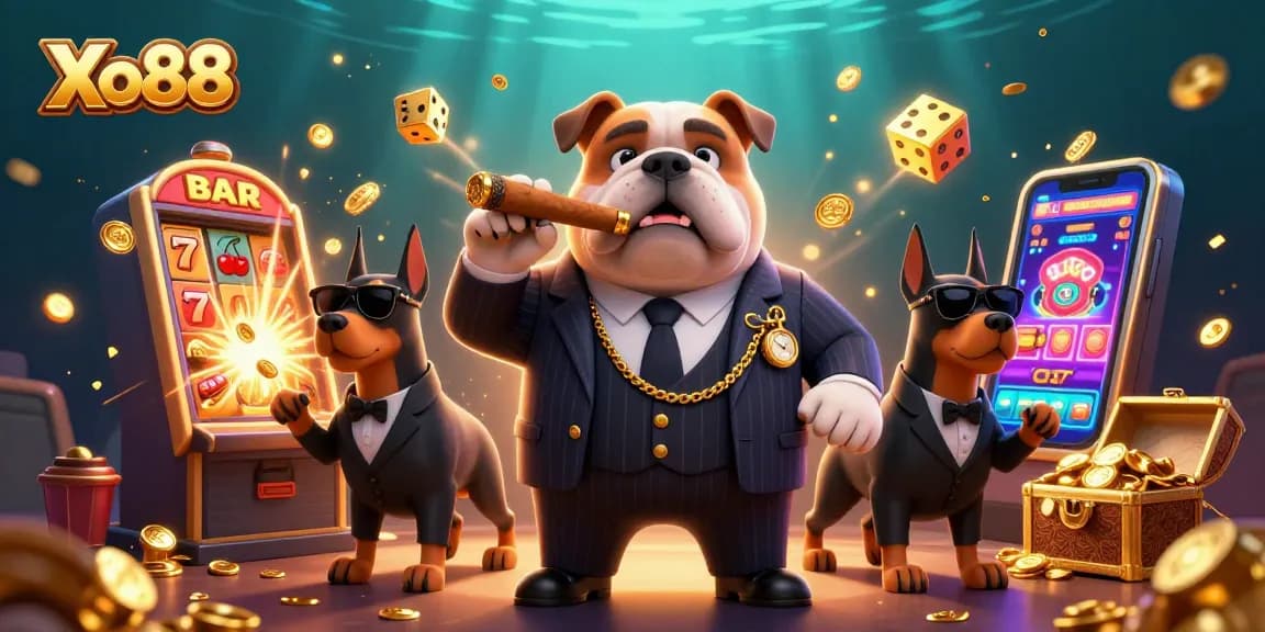 Xo88 showcases a thrilling jackpot scene with a mafia bulldog and lucky symbols exploding!