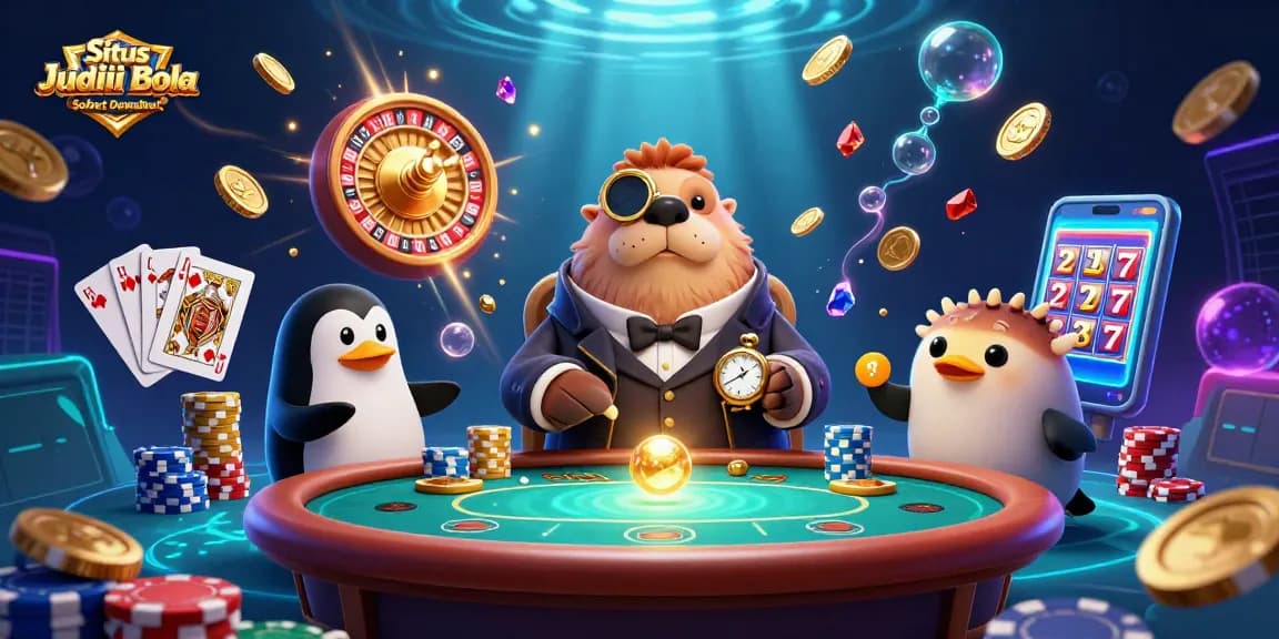 Situs Judi Bola Sbobet Dewabet showcases a jolly walrus playing cards underwater, with lively casino elements around.
