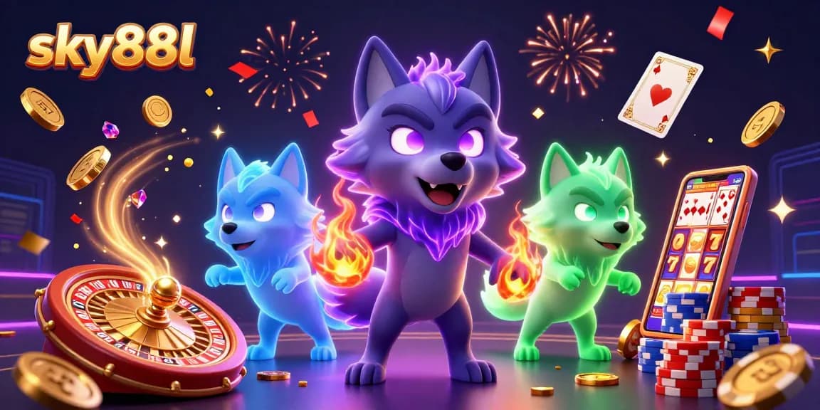 Experience the excitement of sky88l with glowing wolves, golden coins, and dynamic casino elements!