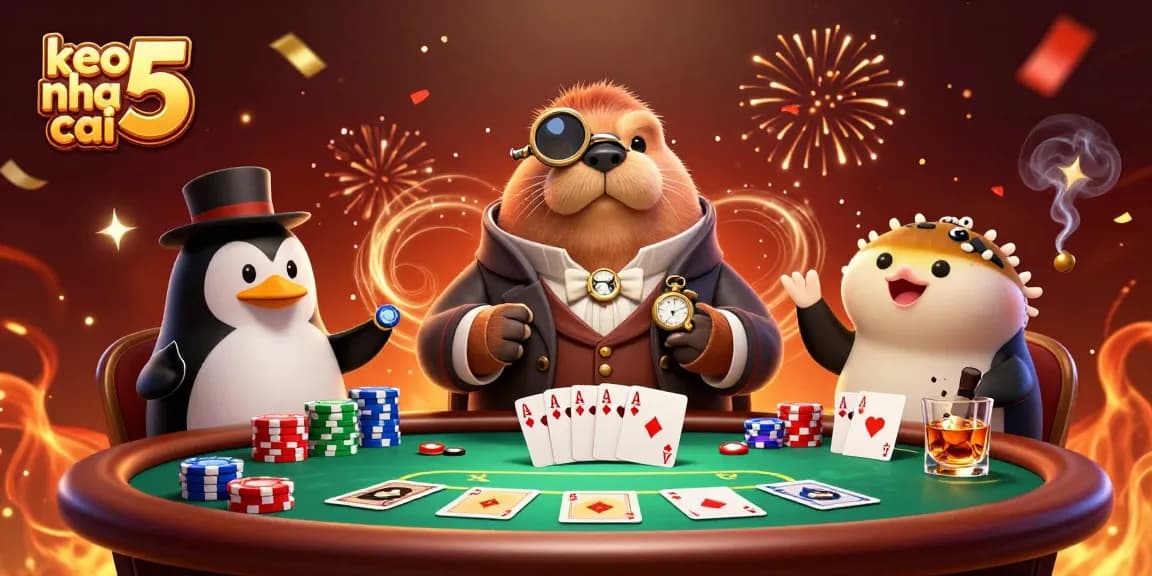 Engage with keo nha cai 5 at an underwater poker table featuring a jolly walrus and fascinating players.