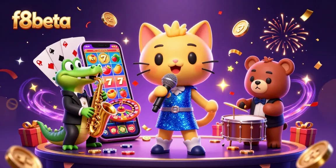 Engage with f8beta's vibrant casino scene featuring a singing cat, saxophone crocodile, and drum bear.