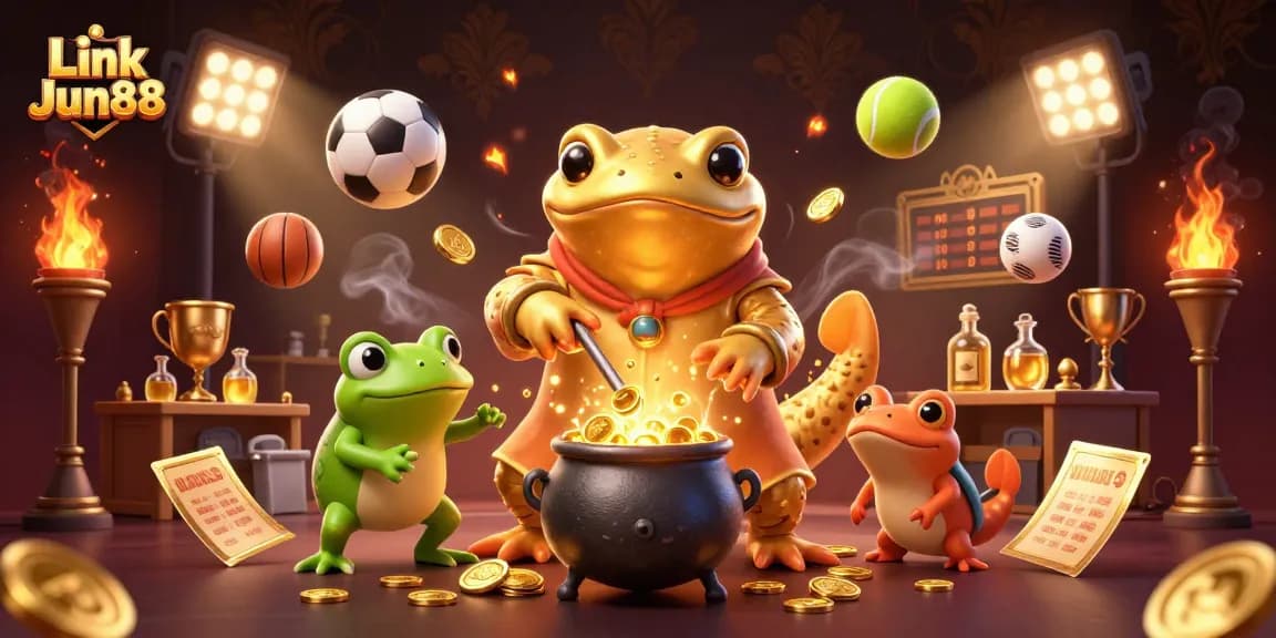 Play and win at Link Jun88 with a stunning scene of alchemical transformation into gold coins.