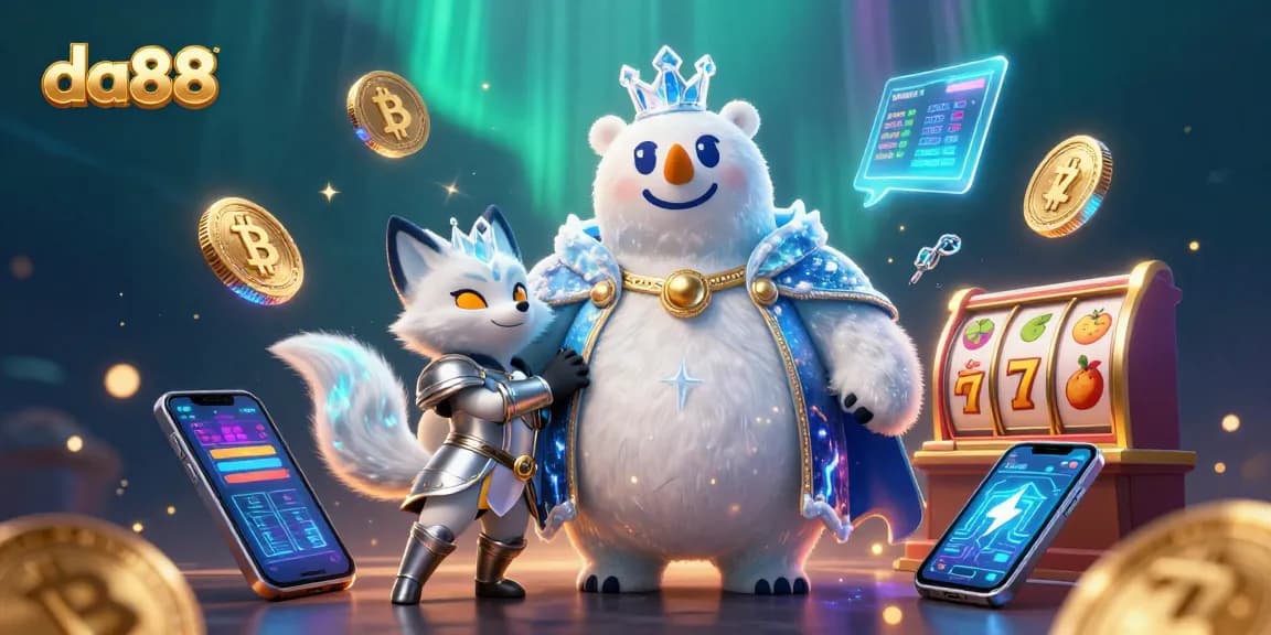Engage in thrilling da88 gameplay featuring a glamorous slot scene with ice king polar bear and snow fox.