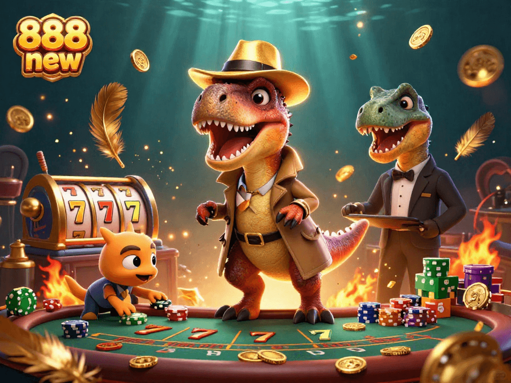 Bet on 888 new in an exciting 3D scene with a velociraptor, stegosaurus, and thrilling slot elements.