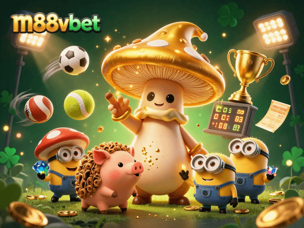 Experience the excitement of m88vbet with a vibrant 3D golden mushroom wizard and dynamic sports elements.