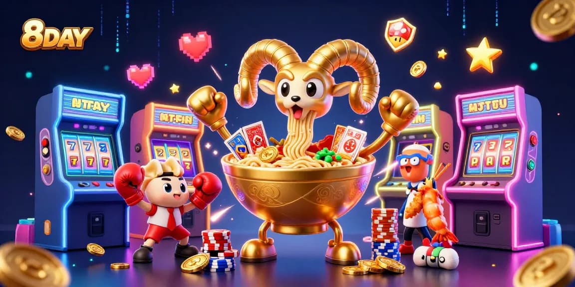 8DAY showcases vibrant casino action with a giant ramen bowl character stacking chips and dealing cards.
