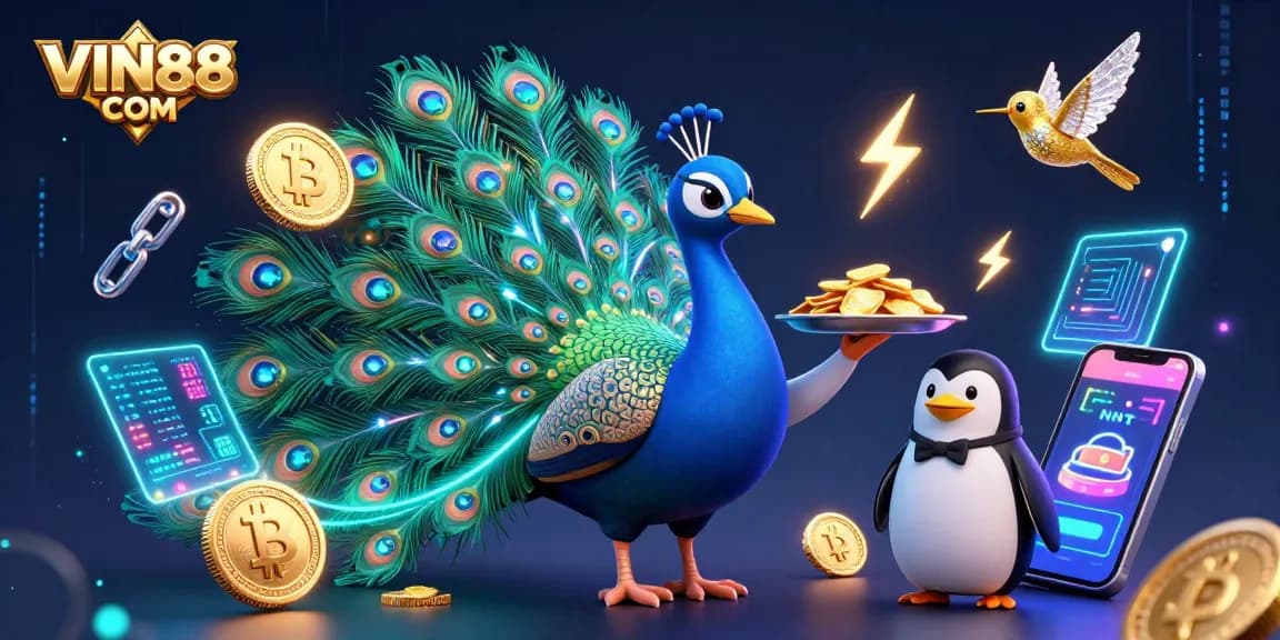 Experience thrilling gameplay at VIN88 COM with a vibrant illustration of casino elements and charismatic characters.
