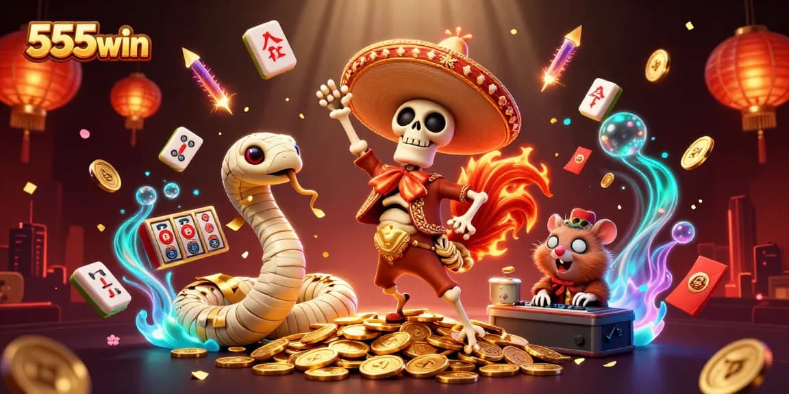 Experience winning thrills with 555win as a cartoon skeleton mariachi dances on coins.