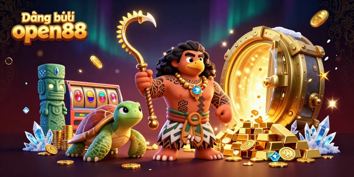 Score big with Đăng ký open88 at this vibrant casino-themed illustration showcasing characters and game elements.