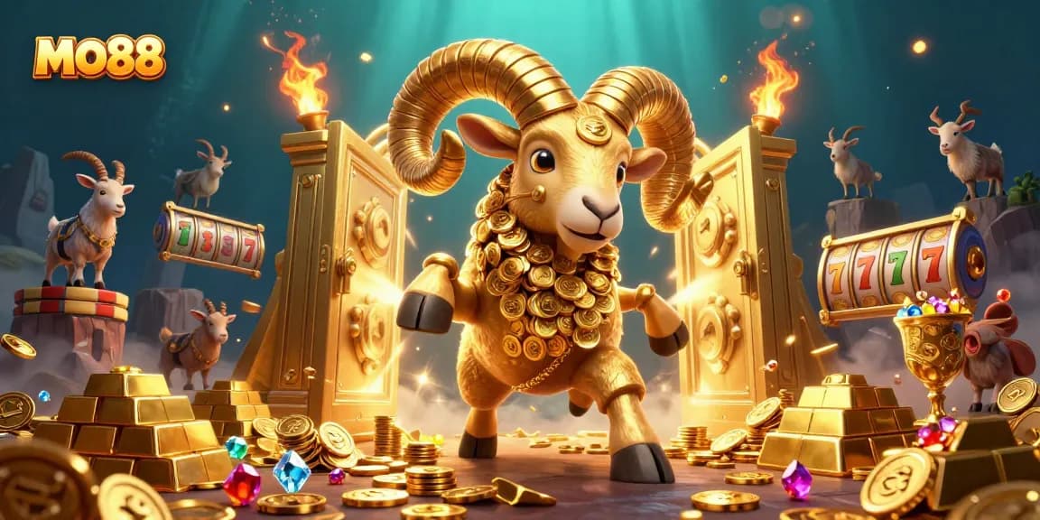 mo88 showcases a dynamic 3D casino scene with a golden ram and vibrant gaming elements, igniting excitement.