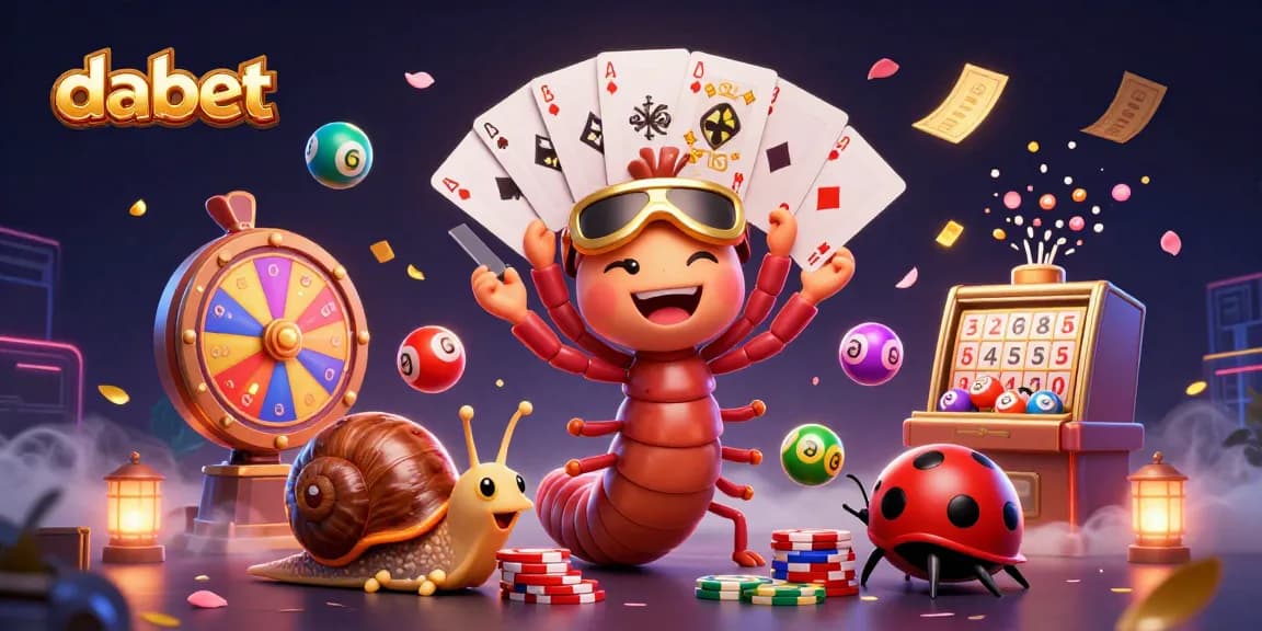Dabet showcases a whimsical casino scene with unique characters and vibrant game elements, capturing the excitement of gaming.