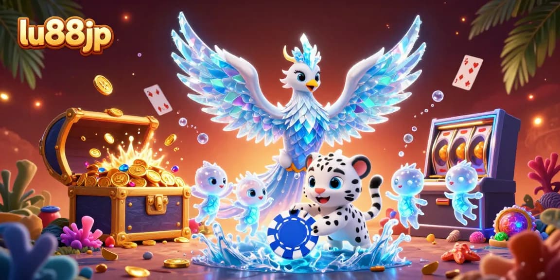 Engage with lu88jp's unique casino experience featuring an ice phoenix and vibrant gaming elements.