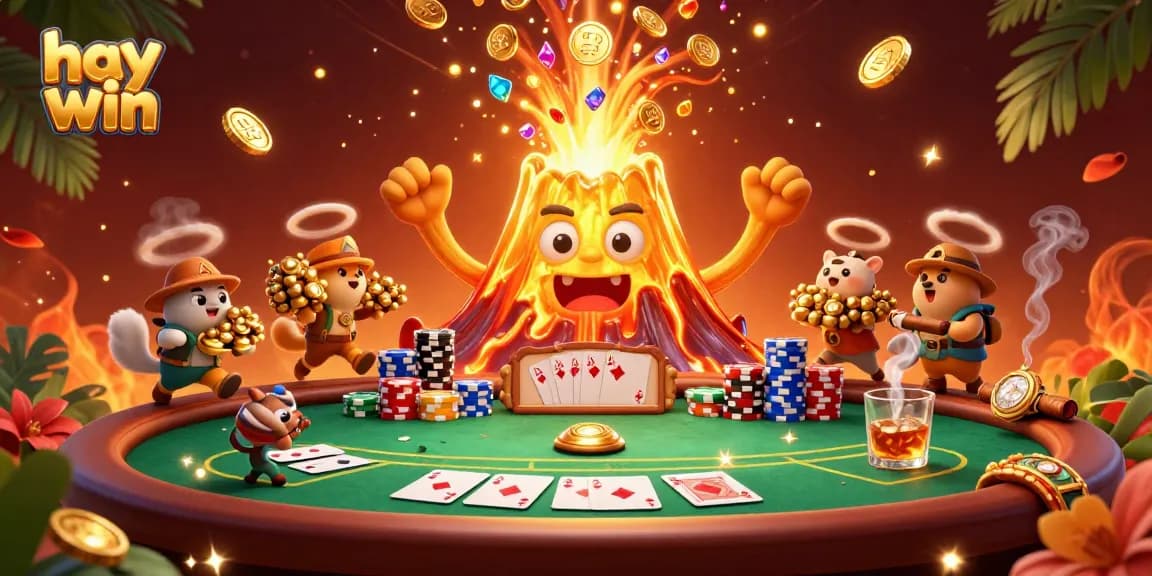 Experience the excitement of hay win with a triumphant volcano, treasure-hunting animals, and vibrant casino elements.