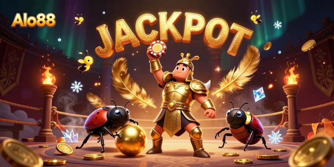 Alo88 showcases an energetic scene with a hero beetle and friends celebrating in a cockfighting arena.