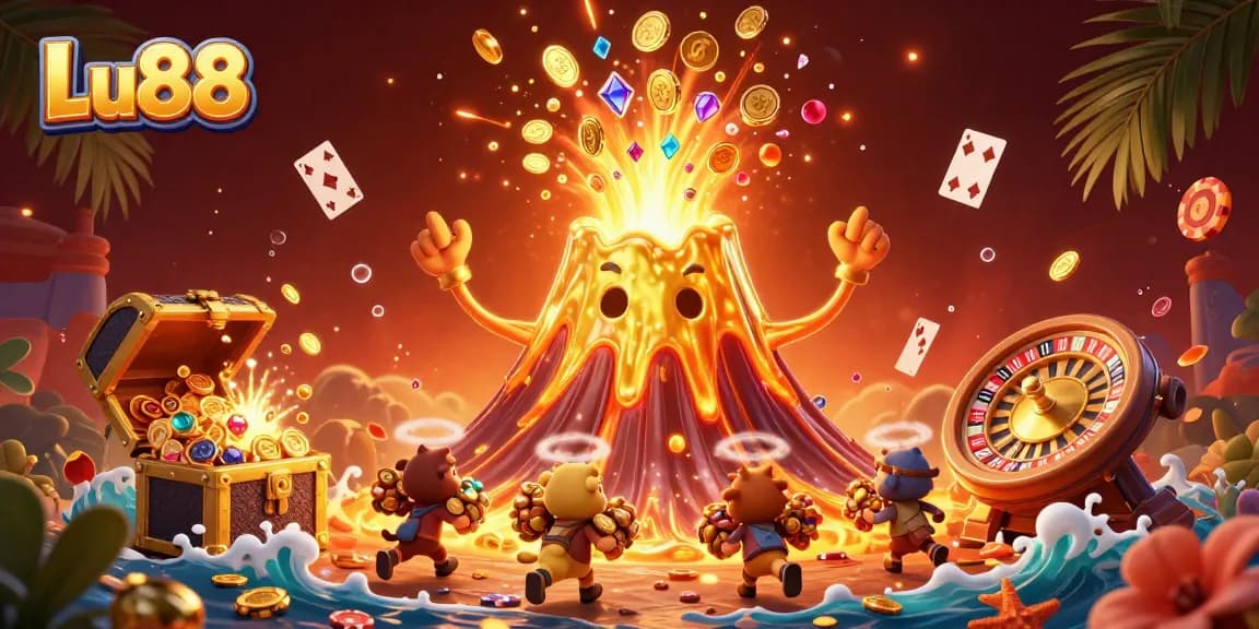Lu88 attracts players with a triumphant volcano erupting gems and coins, showcasing excitement in gambling.