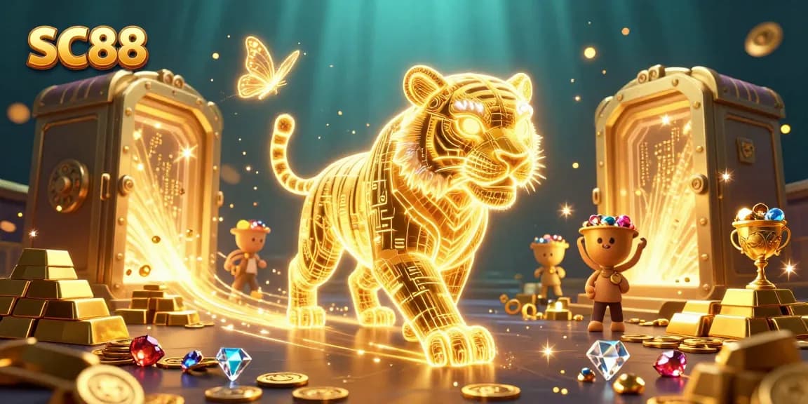 Win big at SC88 with the golden tiger in a vibrant casino scene filled with treasures.