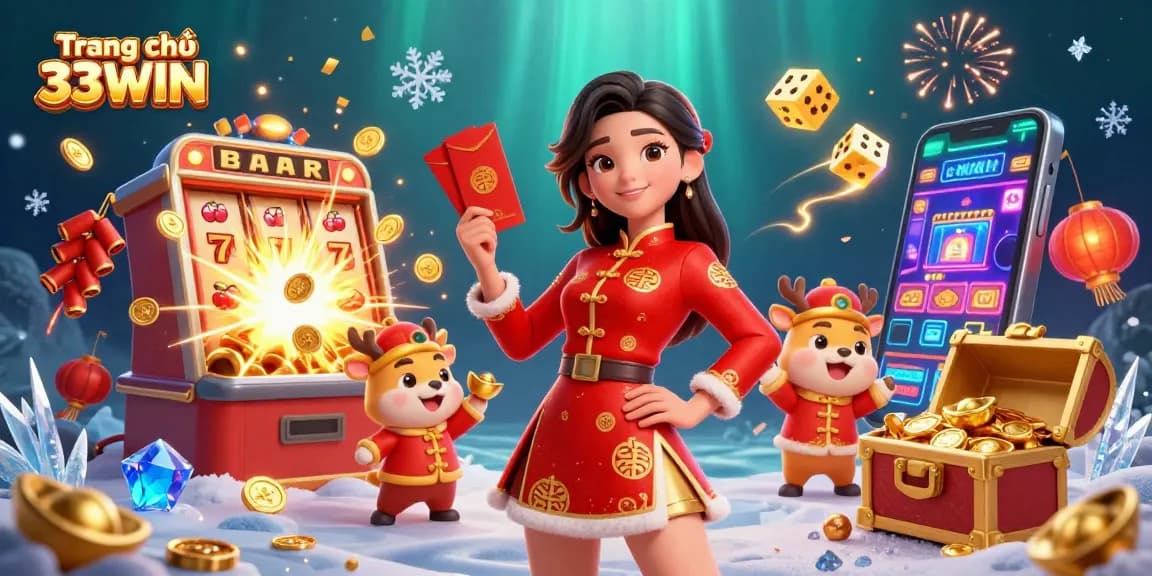 Win big at Trang chủ 33WIN with vibrant 3D casino illustrations featuring exciting games and festive elements.