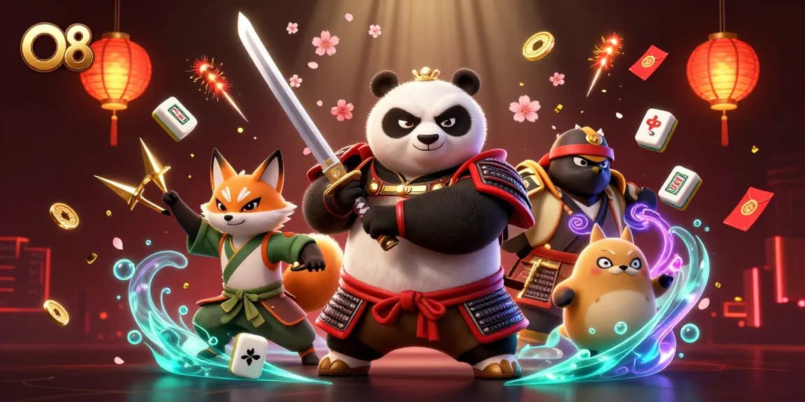 O8 showcases vibrant 3D casino art featuring samurai panda and ninja fox amidst golden shuriken and magical coins.