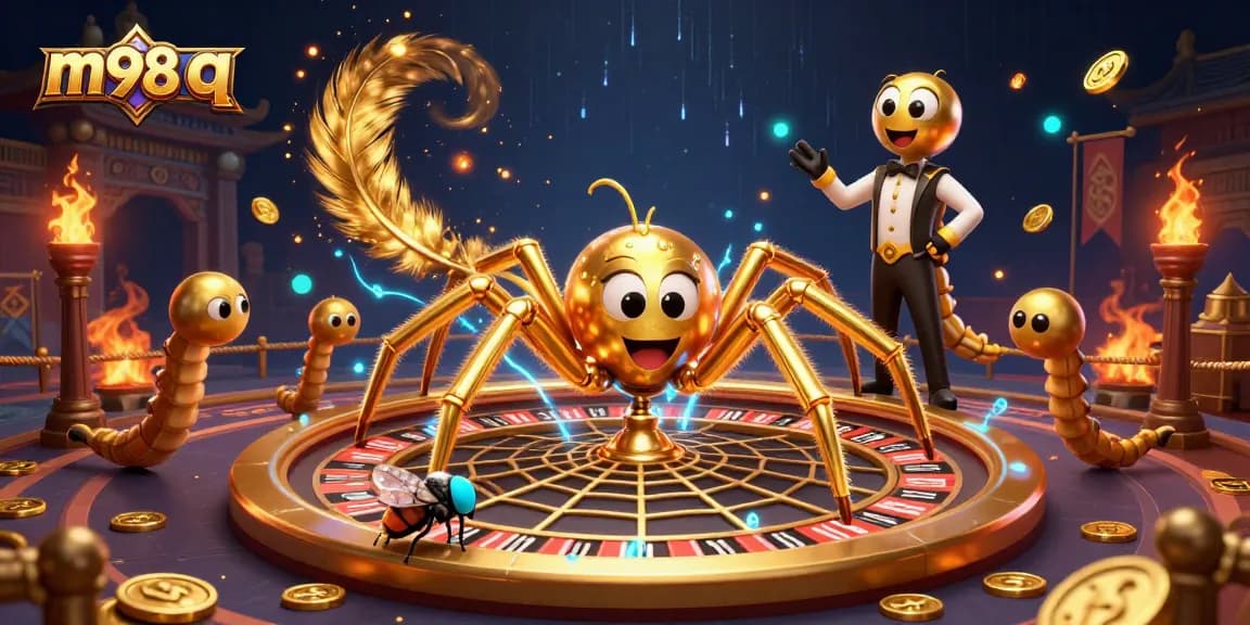 Engage the m98 q gaming scene with a spider spinning a roulette web amid vibrant casino elements.