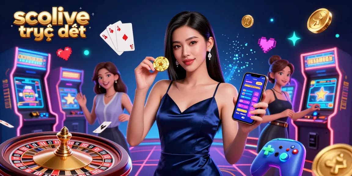 Experience socolive trực tiếp with a stunning woman holding a casino app and a golden chip, surrounded by vibrant gaming elements.