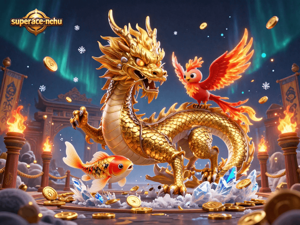 Engage with superace-nohu through a vibrant illustration of a golden dragon, phoenix, and koi fish amid coins and casino elements.