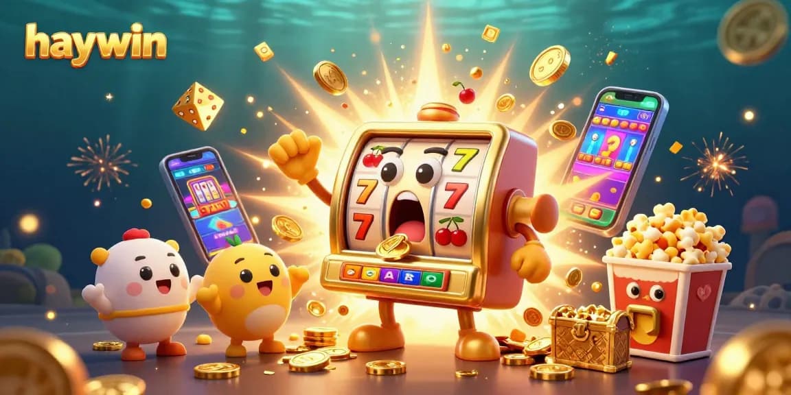 Experience the thrill of haywin with a dynamic slot machine scene bursting with gold coins and exciting gaming elements.