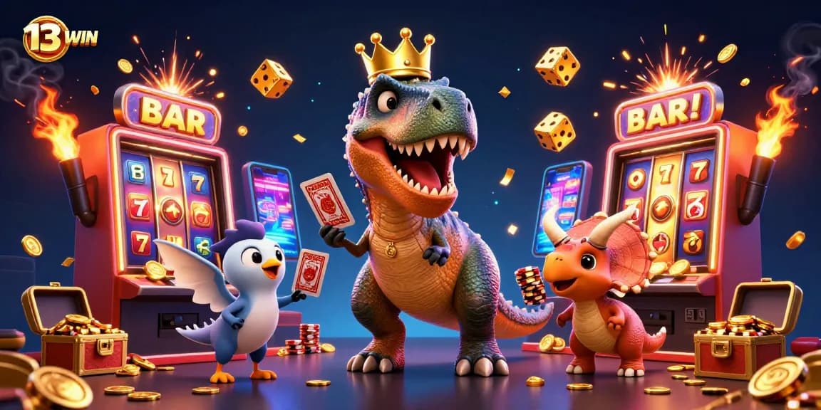 Engage with exciting 13WIN casino action featuring a T-Rex, Pterodactyl, and Triceratops playing cards and stacking chips.