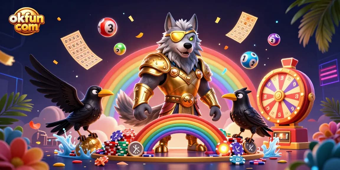 Engage with exciting games at okfun com, featuring vibrant lottery balls and a casino-themed scene.