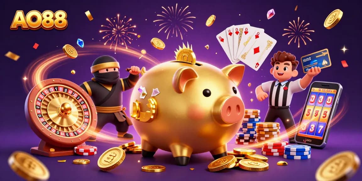 Experience thrilling jackpots at AO88 with a golden piggy bank sumo wrestler leading the fun!