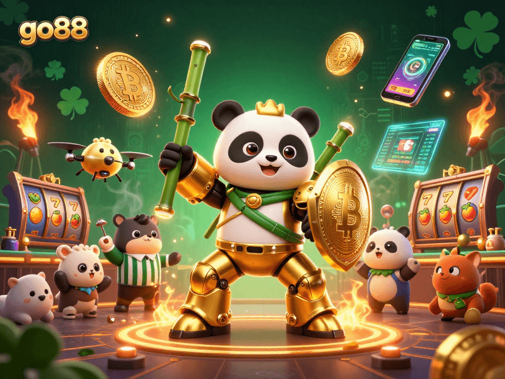 go88 showcases a dynamic casino scene with a golden panda in a mech-suit, surrounded by cryptocurrency elements.