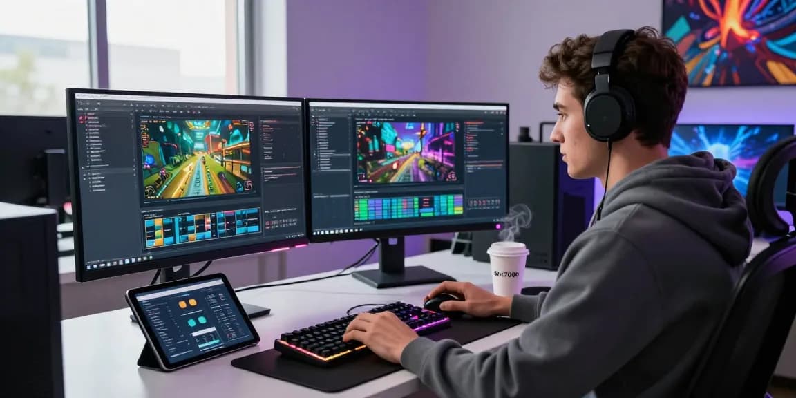 Developer engaged in coding for slot7000 platform in a modern workspace