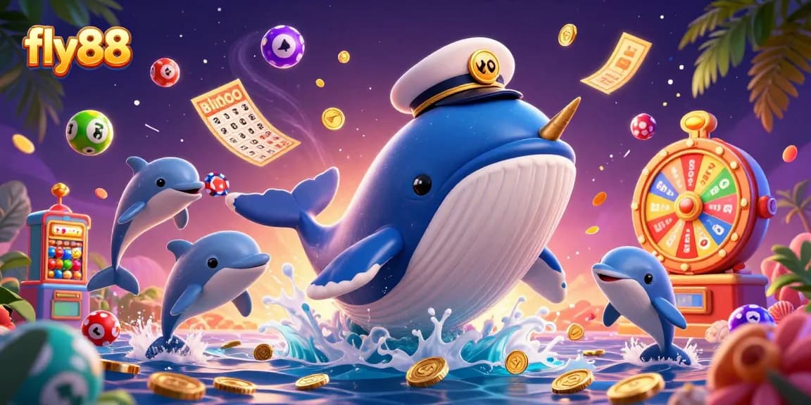 Experience excitement at fly88 with a 3D illustration featuring a whale, narwhal, and dolphins around vibrant casino elements.