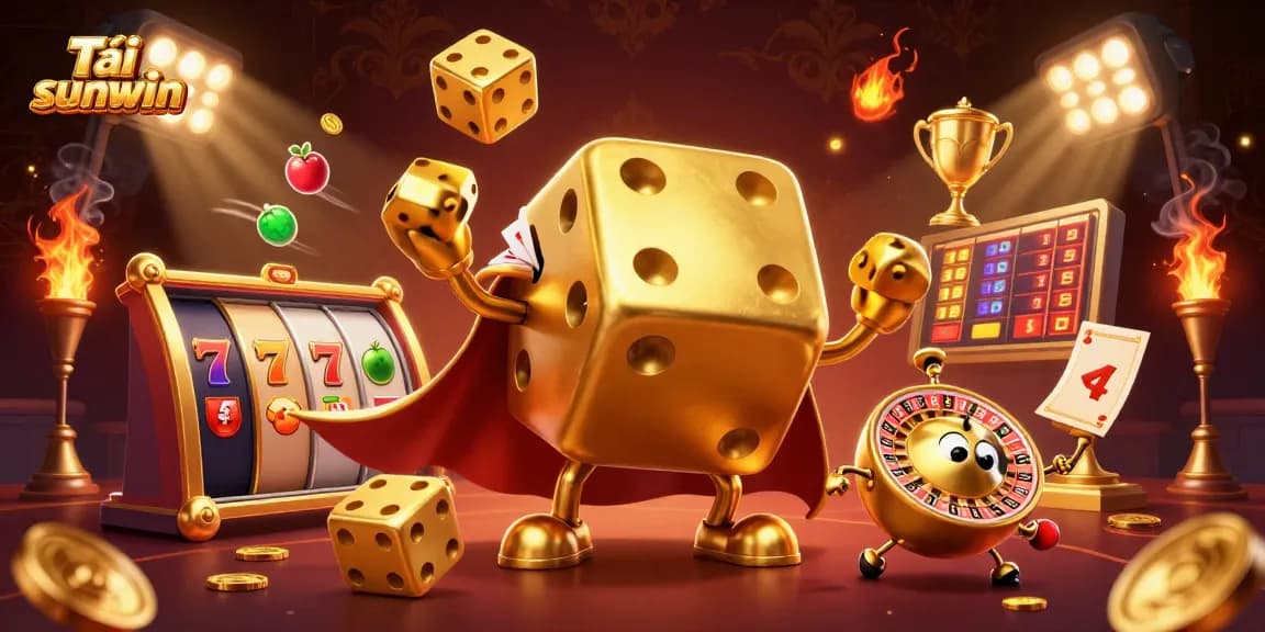 Engage with dynamic casino fun in Tải sunwin, showcasing golden dice golem and slot game elements.