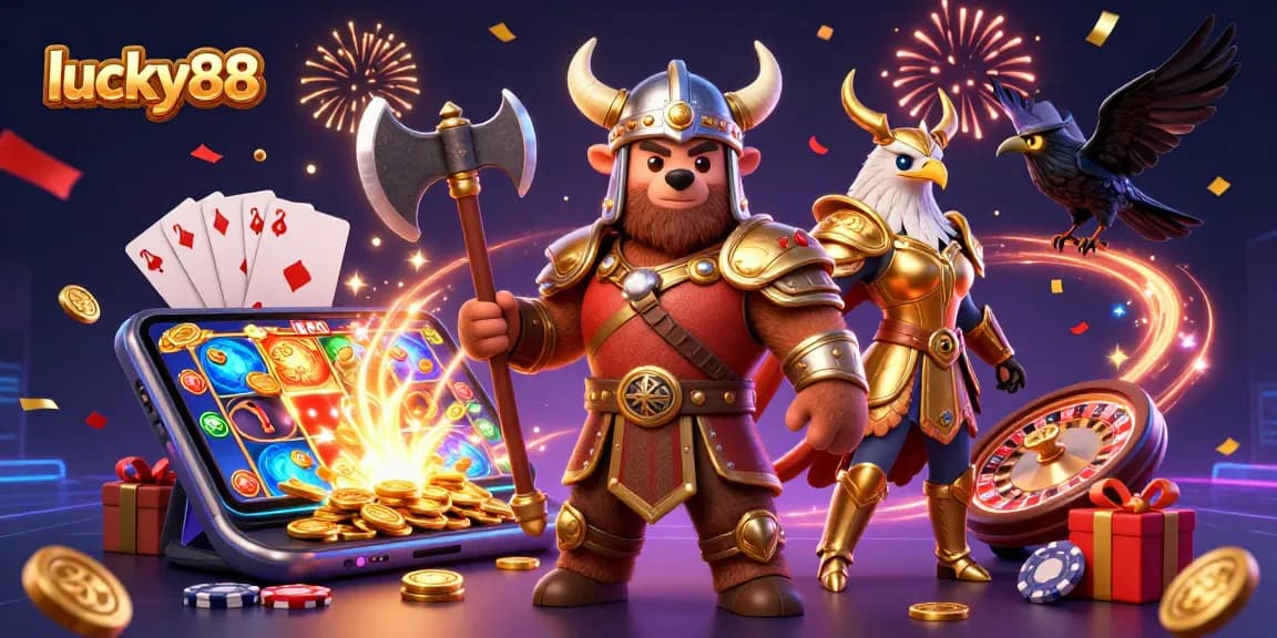 Engage with lucky88's vibrant slot game experience, featuring a Viking berserker, golden Valkyrie eagle, and dynamic slot elements.