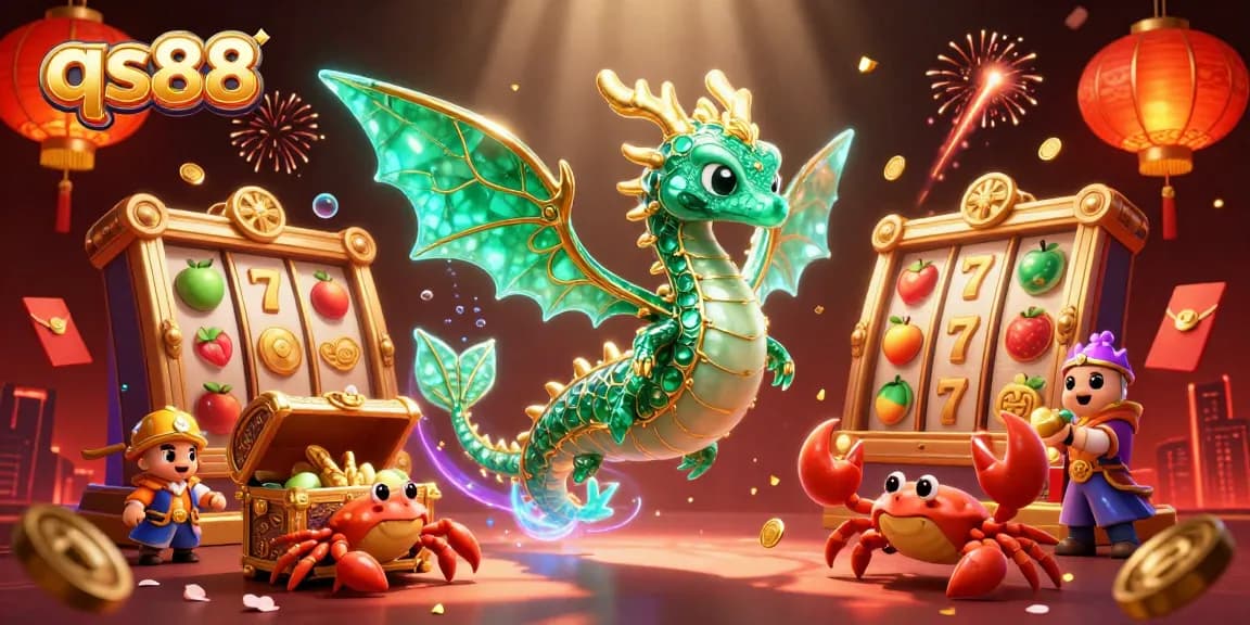 Spin the reels in qs88 as a majestic sea dragon guards treasures surrounded by casino elements.