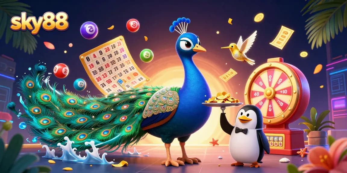 Sky88 showcases a vibrant 3D illustration capturing a peacock and penguin engaged in dynamic lottery action.