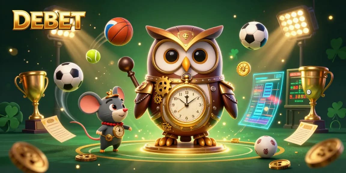 DEBET brings excitement with a dynamic 3D casino scene featuring a time-traveler owl and thrilling sports elements.