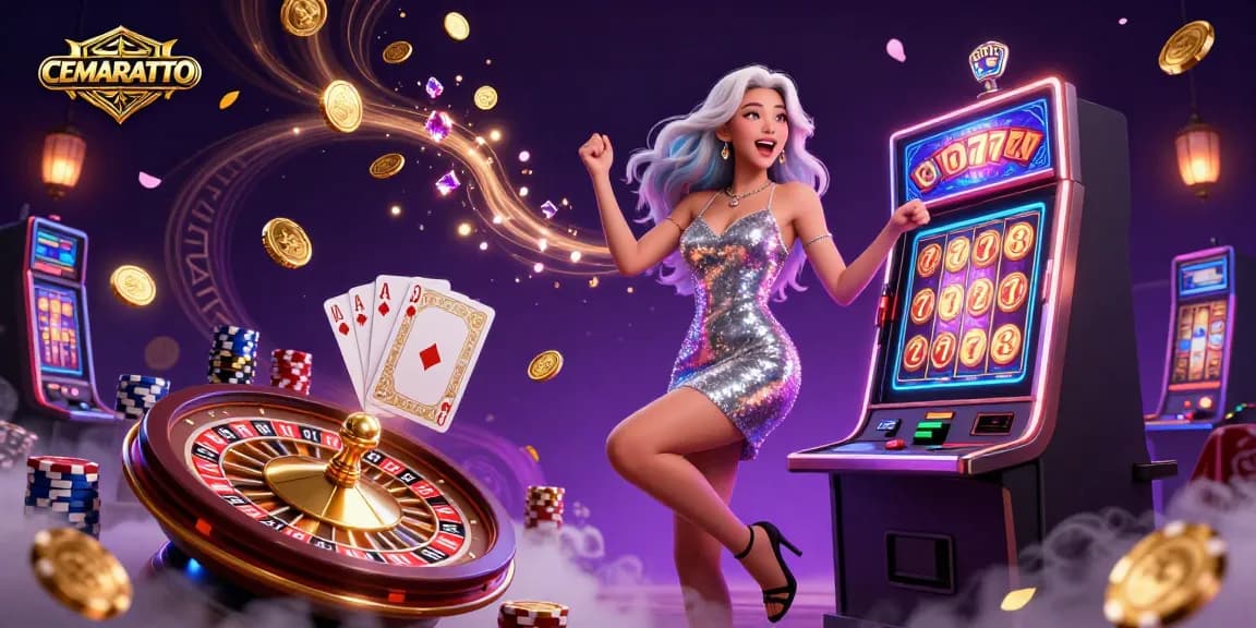 CEMARATOTO showcases an ecstatic gamer celebrating a jackpot win with cascading coins and vivid casino elements.