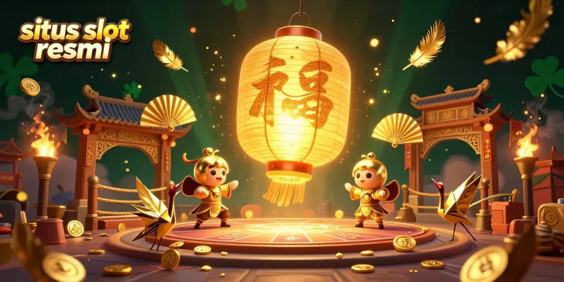 Experience the excitement of situs slot resmi with a dynamic scene of a golden lantern spirit floating above a vibrant night market casino.