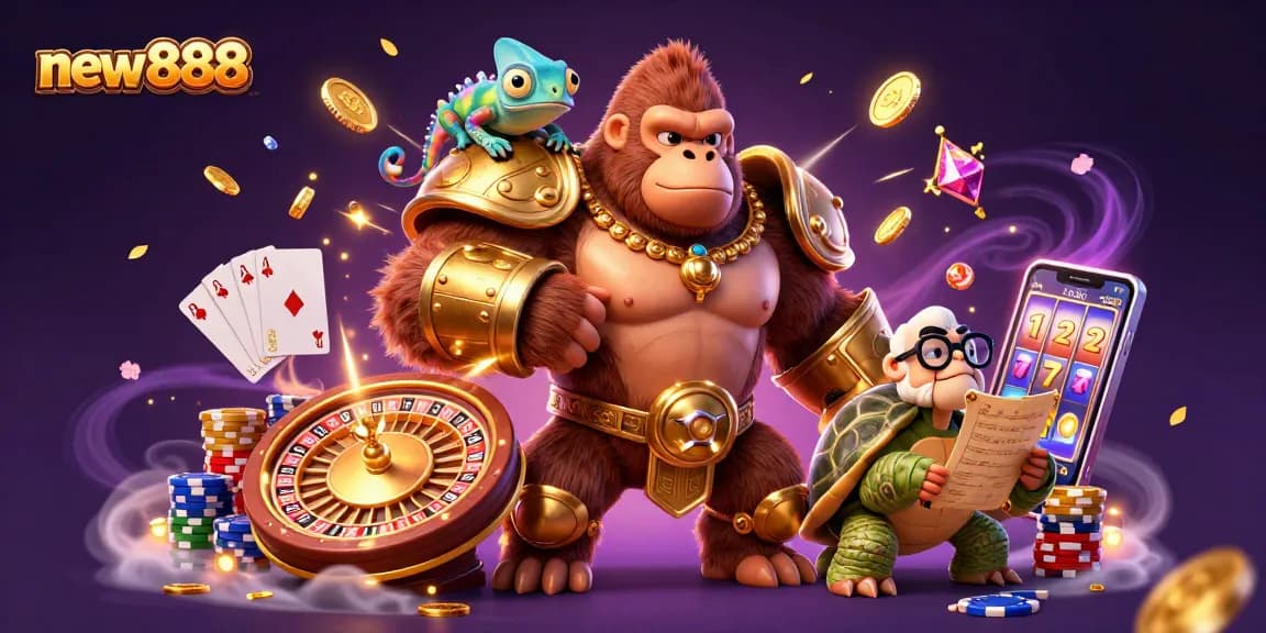 Experience thrilling gambling action with new888 in an ultra-detailed 3D casino scene featuring vibrant characters.